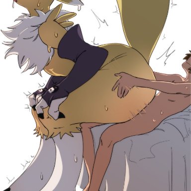 digimon, digimon (species), renamon, spaghett8, ambiguous penetration, anthro, anthro penetrated, arm warmers, armwear, ass, bed, big butt, blush, bodily fluids, chest tuft