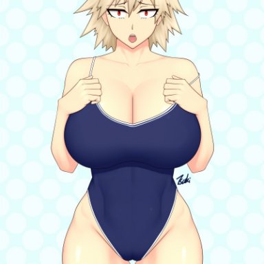 my hero academia, mitsuki bakugou, tsuki riven, bare shoulders, blonde hair, blue swimsuit, blue swimwear, busty, cameltoe, cleavage, collarbone, covered navel, covered nipples, covered pussy, hands on breasts