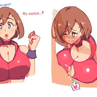 vocaloid, meiko, big breasts, brown eyes, brown hair, choker, collar, engulfing paizuri, huge breasts, paizuri, paizuri under clothes, tight clothing, wristband, english text, uncensored