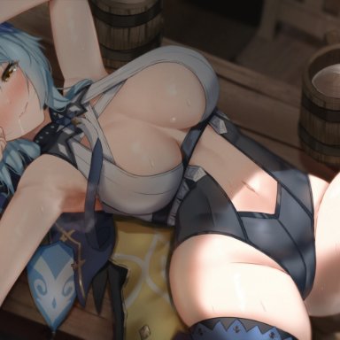 genshin impact, eula (genshin impact), nvl, 1girls, bedroom eyes, beer mug, blue hair, blush, breasts, busty, curvy, drunk, female, female only, large breasts