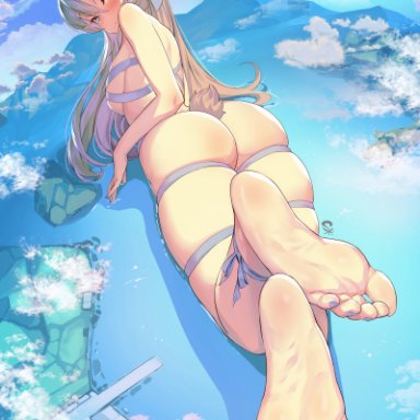 copyright request, suerte, animal ears, ass, barefoot, blue eyes, blue nails, blush, breasts, brown hair, bunny ears, bunny tail, cloud, cloudy sky, eyebrows visible through hair