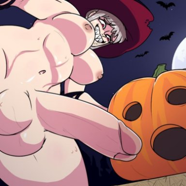 halloween, original, original character, hellonearthiii, 1futa, balls, bats, breasts, full moon, futa only, futanari, human, imminent oral, imminent sex, improvised sex toy