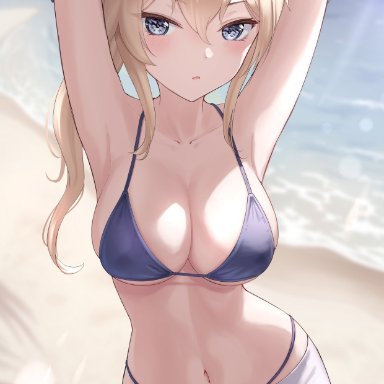 genshin impact, jean gunnhildr, marinesnow, 1girls, armpits, arms up, beach, belly, belly button, bikini, blonde hair, blue bikini, blue eyes, blush, breasts