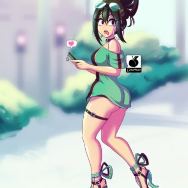 my hero academia, shounen jump, tsuyu asui, linkartoon, 1girls, clothed, female, female focus, female only, high heels, looking at viewer, simple background, solo, solo female, solo focus