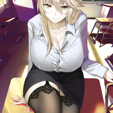 fate/grand order, fate (series), artoria pendragon (lancer), artoria pendragon (lancer alter), mu-nyako, 1girls, big breasts, blush, classroom, cleavage, clothed, detailed background, female, female focus, garter straps