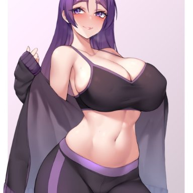 fate/grand order, fate (series), kuavera, 1girls, armpit crease, belly button, black jacket, black tank top, black yoga pants, blush, breasts, cleavage, exposed shoulders, female, female focus