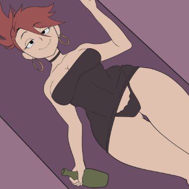 cartoon network, frankie foster, shybred, 1girls, arm up, ass visible through thighs, big thighs, black choker, black dress, black eyes, black panties, bottle, breasts, choker, cleavage