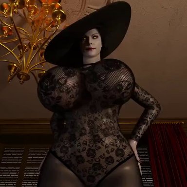 resident evil, resident evil 8: village, alcina dimitrescu, serge3dx, 1girls, bouncing breasts, breasts, female, female only, huge breasts, looking at viewer, thick thighs, wide hips, 3d, animated