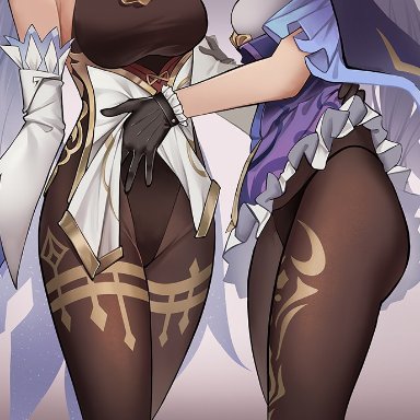 genshin impact, ganyu (genshin impact), keqing (genshin impact), artist request, arm grab, big ass, black legwear, black thong, blue hair, bottom view, covered breasts, dress lift, female only, gloves, hand on hip