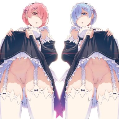ram (re:zero), rem (re:zero), 40hara, 2girls, angry, big breasts, blue hair, double upskirt, dress lift, exposed pussy, female only, looking at viewer, maid outfit, maid uniform, no panties