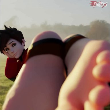 overwatch, tracer, wtsnacks1, barefoot, feet, female, female only, foot fetish, foot focus, looking at viewer, pov, pov feet, soles, solo, toes