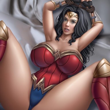 dc, dceu, wonder woman (series), gal gadot, wonder woman, flowerxl, 1girls, big breasts, female, female focus, female only, long hair, spread legs, tied hands, tagme