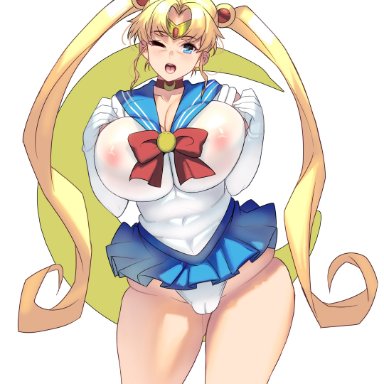 bishoujo senshi sailor moon, sailor moon, usagi tsukino, masao, 1girls, aged up, ass visible through thighs, blonde hair, blue eyes, breast squeeze, breasts, cameltoe, choker, chubby, cleavage