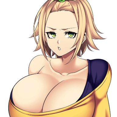 camui kamui, angry, annoyed, annoyed expression, big breasts, blonde, cleavage, cute, enormous breasts, eyelashes, eyeliner, gigantic breasts, huge breasts, large breasts, massive breasts