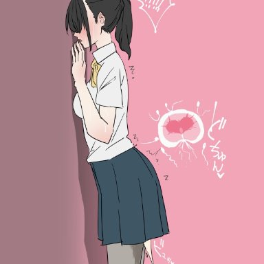 din (pixiv25800872), 1girls, after sex, against wall, black hair, black legwear, blue skirt, blush, clothing, cum, cum in pussy, cum inside, female, impregnation, long hair