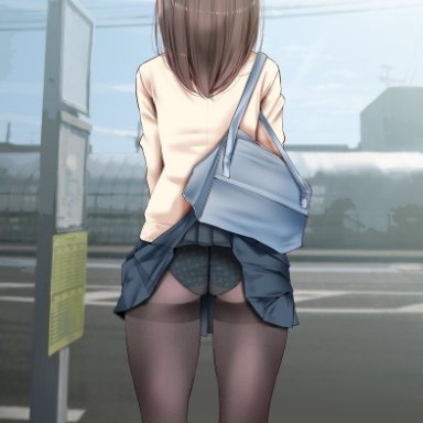 original, oouso, ass, bag, black skirt, blue panties, brown hair, brown legwear, brown shirt, bus stop, day, feet out of frame, female, from behind, long hair