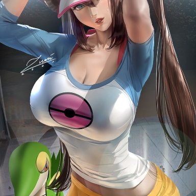 pokemon, pokemon bw2, rosa (pokemon), snivy, zumi, 1girl, bare midriff, blue eyes, brown hair, cleavage, female, large breasts, long hair, looking at viewer, miniskirt