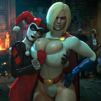 batman (series), dc, injustice 2, harley quinn, harley quinn (classic), karen starr, power girl, urbanator, 2girls, beggar, belt, big breasts, big thighs, black lipstick, blonde hair