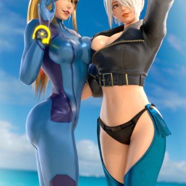 king of fighters, metroid, angel (kof), samus aran, adeptusinfinitus, 2girls, ass, beach, big breasts, blonde hair, blue eyes, bodysuit, breasts, cleavage, green eyes