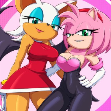 sonic (series), amy rose, rouge the bat, rouge the bat (cosplay), reit, 2girls, amy rose (cosplay), background, big breasts, crossdressing, furry, furry only, looking at viewer, pink fur, red dress