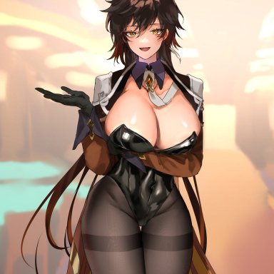 genshin impact, zhongli (genshin impact), amber eyes, big breasts, bunny ears, bunnysuit, gloves, stockings, rule 63