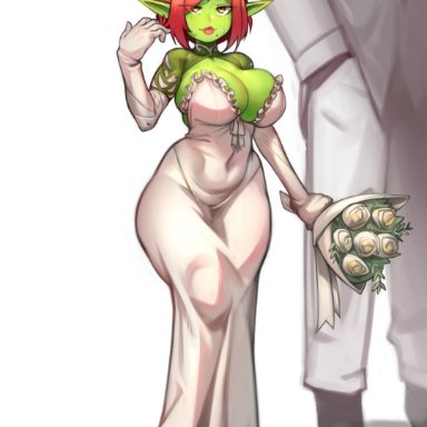 original, anart (cliffpadfoot), kelvin hiu, 1boy, ahoge, bangs, body freckles, bouquet, breasts, bride, bursting breasts, cleavage, colored skin, couple, covered navel