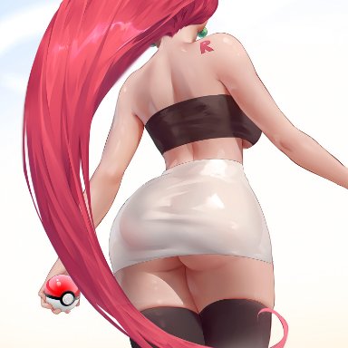 pokemon, jessie (pokemon), team rocket, azto dio, 1girls, ass, back, back view, backboob, bare arms, bare shoulders, big ass, big breasts, big thighs, black thighhighs