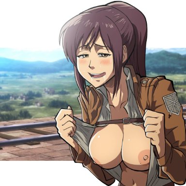 attack on titan, sasha braus, drpizzaboi1, 1girls, areolae, blush, breasts, breasts out, brown eyes, brown hair, drooling, female, female only, flashing, half-closed eyes