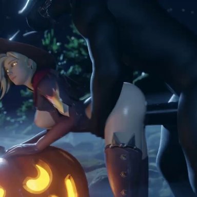 overwatch, mercy, comandorekin, genossestahl, rekin3d, doggy style, grabbing from behind, horse penis, horsecock, horseman, night, outside, pumpkin, 3d, 3d animation