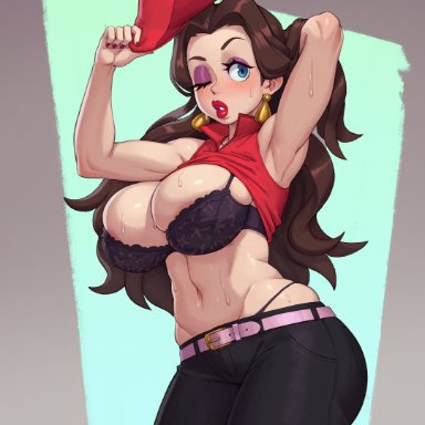 mario (series), mario golf, nintendo, pauline, rizdraws, areolae slip, blue eyes, blush, brown hair, cleavage, earrings, eyeshadow, golf outfit, huge breasts, lace