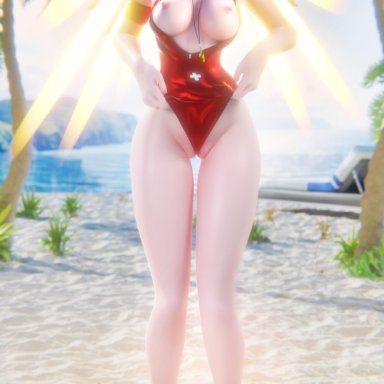 overwatch, lifeguard mercy, mercy, meltrib, between labia, blonde hair, exposed breasts, exposed nipples, innie pussy, looking at viewer, one-piece swimsuit, pulling clothing, lowres