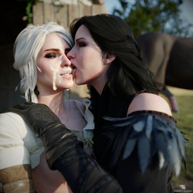 the witcher, ciri, yennefer, after sex, animal genitalia, animal penis, black hair, bodily fluids, closed eyes, clothed, clothing, cum, cum on face, duo, equid