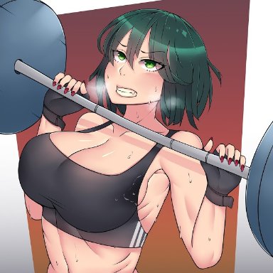 one-punch man, fubuki (one-punch man), big breasts, gloves, green eyes, green hair, muscular, muscular female, weightlifting, weights