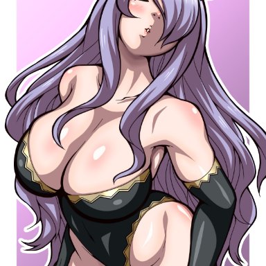 fire emblem, fire emblem fates, nintendo, camilla (fire emblem), inabakun00, 1girls, bare thighs, cleavage, closed eyes, elbow gloves, gloves, hair over one eye, kissing, large breasts, leotard