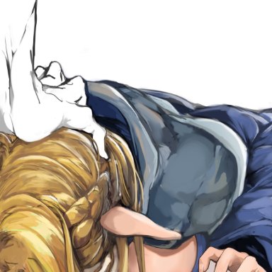 dungeon meshi, marcille, mamimi (artist), blonde hair, bodily fluids, bowl, braided hair, breasts, cape, clothed, clothing, cum, cum in bowl, cum in hair, cum on face