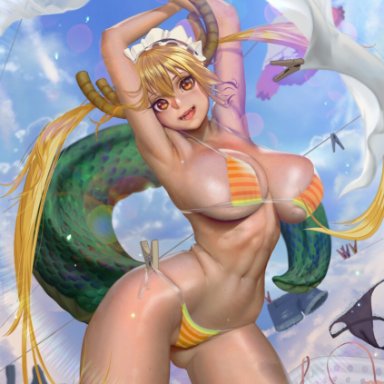 miss kobayashi's dragon maid, tohru (dragon maid), teemu taiga, bangs, bikini, blonde hair, breasts, dragon girl, dragon horns, dragon tail, eyebrows visible through hair, female, horns, kobayashi-san chi no maidragon, large breasts