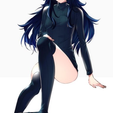 fire emblem, fire emblem: awakening, fire emblem awakening, nintendo, lucina, lucina (fire emblem), ameno (a meno0), 1girl, ass, blue eyes, blue hair, blue legwear, blue sweater, bottomless, long hair