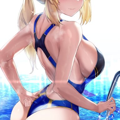 fate/grand order, artoria pendragon, artist request, 1girls, ass, big ass, big butt, blonde hair, female, female only, hand on ass, holding object, looking at viewer, looking back, one-piece swimsuit