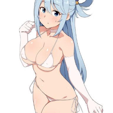 aqua (konosuba), big breasts, blue eyes, blue hair, covered breasts, covered nipples, female, female only, gloves, looking at viewer, stockings, thick thighs, thighhighs, white stockings