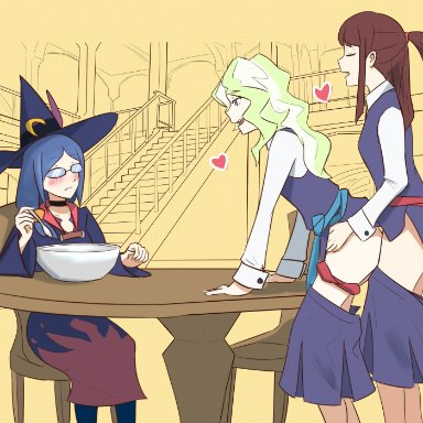 little witch academia, akko kagari, diana cavendish, ursula callistis, moe grenadier, 1futa, 2girls, blush, breasts, clothed, clothed sex, clothing, duo, female, from behind