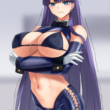 fate/grand order, fate (series), type-moon, saint martha, gachou, arms under breasts, armwear, bare shoulders, belly, belly button, big breasts, bikini, bikini top, black bikini, blue eyes