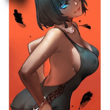 one-punch man, fubuki (one-punch man), dako, 1girls, arms behind back, ass, back, backless dress, big ass, black feathers, bracelet, breasts, cleavage, closed mouth, dark green hair