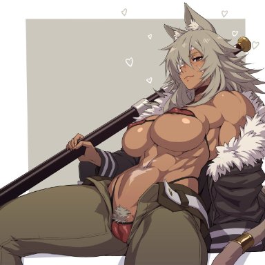 mushoku tensei, ghislaine dedoldia, mikoyan, 1girls, abs, animal ears, big breasts, black panties, breasts, brown skin, cameltoe, dark-skinned female, erect nipples, erect nipples under clothes, eye patch