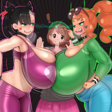 pokemon, pokemon ss, gloria (pokemon), marnie (pokemon), sonia (pokemon), fladdykin, 1futa, 2girls, angry, areolae, blush, breast press, breast squish, breasts, bulge