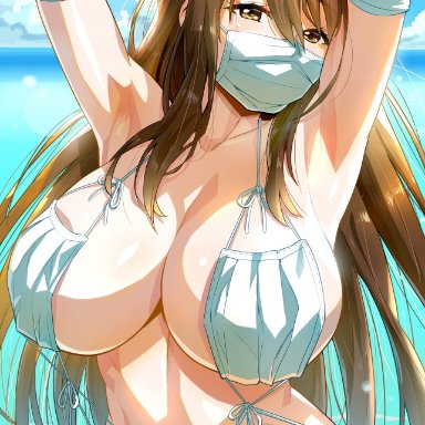 original, ge xi, armpits, arms up, bangs, beach, blue sky, blush, breasts, brown eyes, brown hair, cleavage, collarbone, covered mouth, cowboy shot