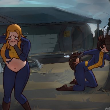 fallout, bloatfly, vault dweller, imsofckinlost, 2girls, 2insects, bestiality, black hair, blonde hair, crying, double penetration, inflation, insect, insects, pregnant