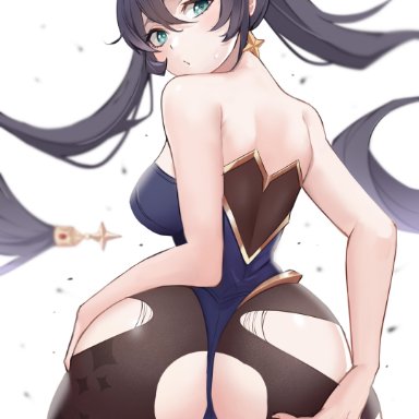 genshin impact, mona (genshin impact), vuxer, ass, cameltoe, leotard, no bra, pantyhose, torn clothes, possible duplicate