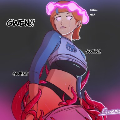 ben 10, gwen tennyson, gammanor, 1girls, big breasts, black bra, black panties, breasts, clothed female, clothes, clothing, corruption, crying with eyes open, female, glowing eyes