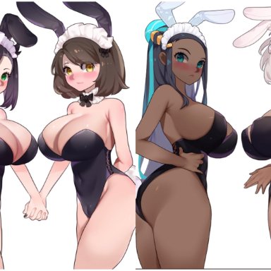 pokemon, pokemon ss, bea (pokemon), gloria (pokemon), marnie (pokemon), nessa (pokemon), 4girls, ass, bell collar, big breasts, black hair, blue eyes, blush, breasts, brown hair