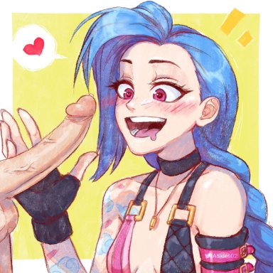 league of legends, jinx (league of legends), allen skies02, blue hair, blush, brown hair, clothed, heart, heart-shaped pupils, looking at penis, open mouth, red eyes, artist name